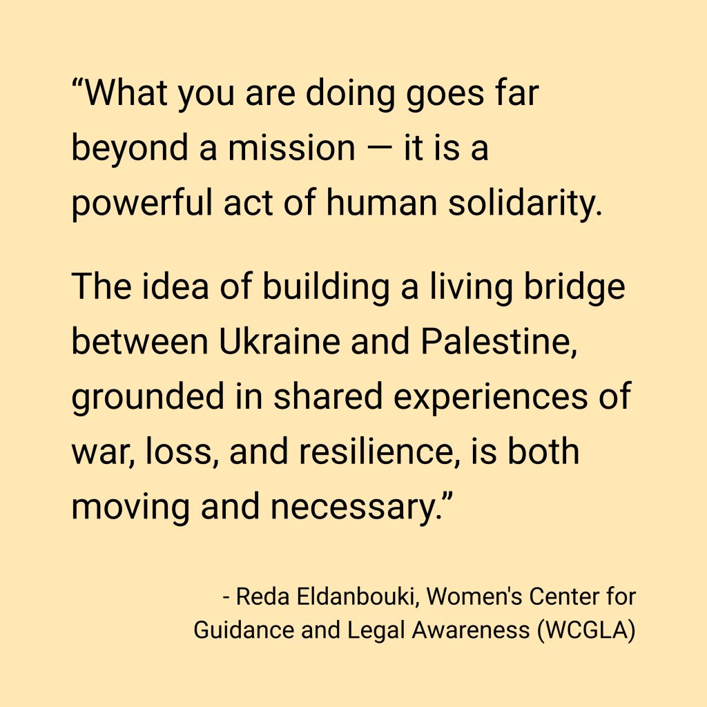 Quote about building a living bridge between Ukraine and Palestine; 'What you are doing goes far beyond a mission – it is a powerful act of human solidarity.'