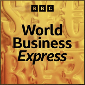 BBC World Business Express title card with bold black text on an amber background.