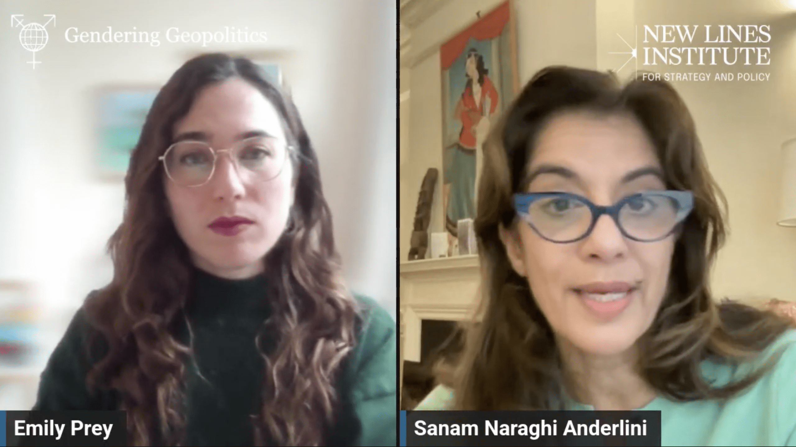 Two women in a split-screen video call; left is Emily Prey, right is Sanam Naraghi Anderlin, with logos for Gendering Geopolitics and New Lines Institute in the background.