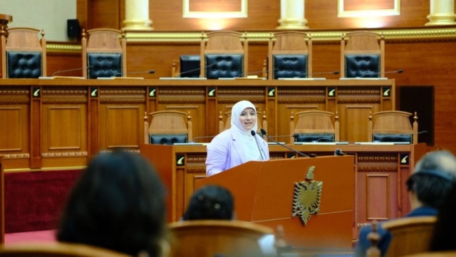 Rudina Çollaku speaking at the Albanian Parliament Special Session, ICAN Forum 2024